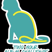 A teal silhouette of a cat with the number 2 drawn over their back.  Written below is "Two Hour Album Challenge"
